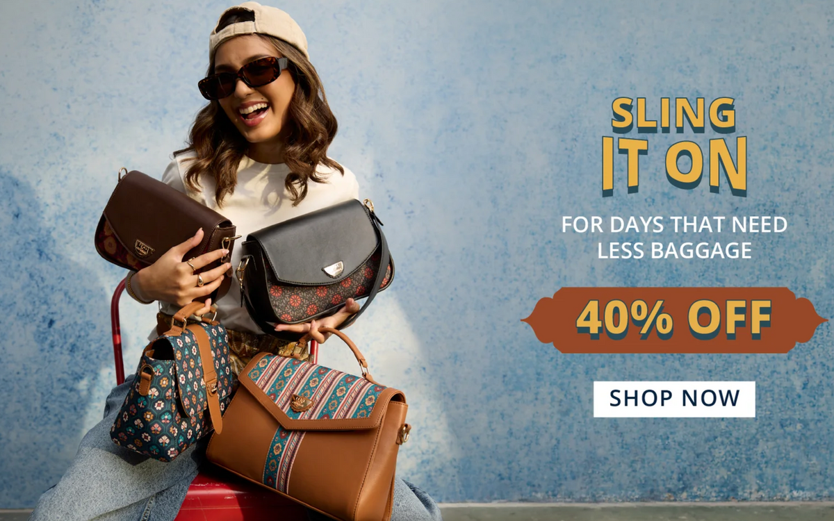 A screenshot of the Chumbak online store homepage featuring a promotional banner with a woman holding multiple handbags against a blue textured background, with the text 'SLING IT ON', '40% OFF', and 'SHOP NOW'.
